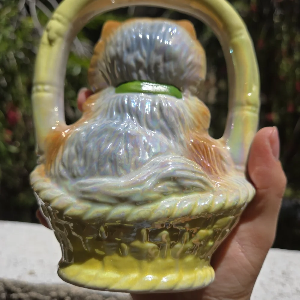 Vintage 1905 Lusterware Cat In Yellow‎ Basket Green Bow Made In Brazil Whimsical